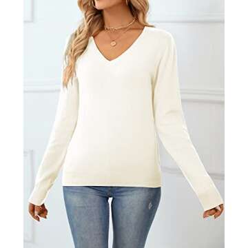 QUALFORT Women's 100% Cotton Sweater V Neck Long Sleeve Knitted Jumper Tops Off White Medium