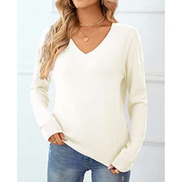 QUALFORT Women's 100% Cotton Sweater V Neck Long Sleeve Knitted Jumper Tops Off White Medium