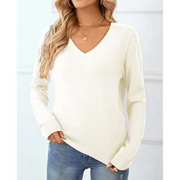 QUALFORT Women's 100% Cotton Sweater V Neck Long Sleeve Knitted Jumper Tops Off White Medium