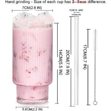 ANOTION Ribbed Glassware Set of 4, 11 oz Ribbed Glass Cups with Straws, Drinking Glasses Glass Coffee Cups Juice Glasses Vintage Glassware Fluted Glassware for Smoothie Ice Tea Soda, Gifts for Women