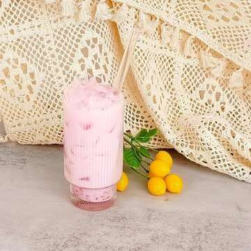 ANOTION Ribbed Glassware Set of 4, 11 oz Ribbed Glass Cups with Straws, Drinking Glasses Glass Coffee Cups Juice Glasses Vintage Glassware Fluted Glassware for Smoothie Ice Tea Soda, Gifts for Women