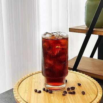 ANOTION Ribbed Glassware Set of 4, 11 oz Ribbed Glass Cups with Straws, Drinking Glasses Glass Coffee Cups Juice Glasses Vintage Glassware Fluted Glassware for Smoothie Ice Tea Soda, Gifts for Women