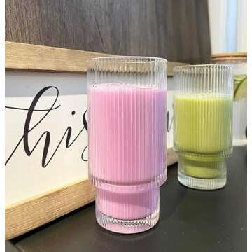 ANOTION Ribbed Glassware Set of 4, 11 oz Ribbed Glass Cups with Straws, Drinking Glasses Glass Coffee Cups Juice Glasses Vintage Glassware Fluted Glassware for Smoothie Ice Tea Soda, Gifts for Women