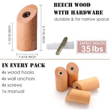 Felidio Wood Wall Hooks 4 Pack - Stylish and Durable