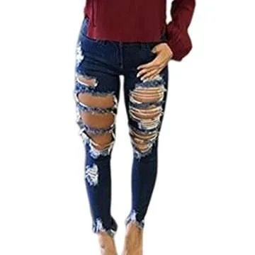 Sexyshine Women's Casual High Waisted Distressed Denim Jeans Stretchy Pants A-Blue