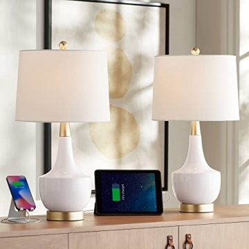 360 Lighting Nesbit 25" High Mid Century Modern Table Lamps Set of 2 USB Port White Gold Ceramic Met...