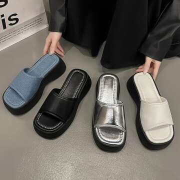 HDFDB Women'S Leather One Band Platform Sandal With Memory Foam Padded Round Head Open Toe chunky Height-Increasing Sandals Summer Casual Thick-Soled Slippers