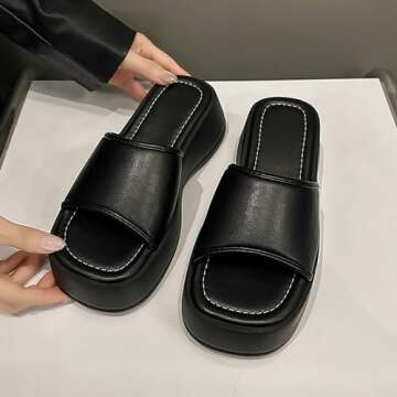 HDFDB Women'S Leather One Band Platform Sandal With Memory Foam Padded Round Head Open Toe chunky Height-Increasing Sandals Summer Casual Thick-Soled Slippers