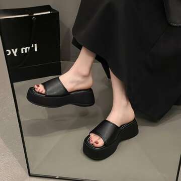 HDFDB Women'S Leather One Band Platform Sandal With Memory Foam Padded Round Head Open Toe chunky Height-Increasing Sandals Summer Casual Thick-Soled Slippers