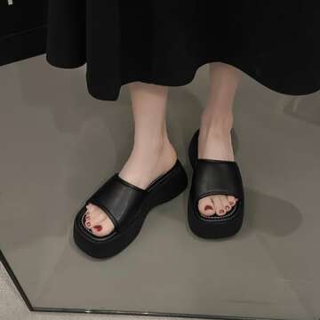 HDFDB Women'S Leather One Band Platform Sandal With Memory Foam Padded Round Head Open Toe chunky Height-Increasing Sandals Summer Casual Thick-Soled Slippers