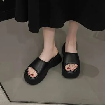 HDFDB Women'S Leather One Band Platform Sandal With Memory Foam Padded Round Head Open Toe chunky Height-Increasing Sandals Summer Casual Thick-Soled Slippers