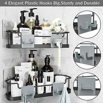 Orimade Corner Shower Caddy Organizer Basket with Hooks Adhesive No Drilling Wall Mount Bathroom Shelf Shampoo Holder Storage Rack Rustproof, 2 Pack-Black, Only for 90-Degree Corner