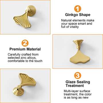 MOROBOR Ginkgo Leaf Shape Knob Handles, 6pcs Golden Drop Pendant Pull Handle,Hardware Drawer Single Hole Handle for Wardrobe Cupboard Closets Cupboard