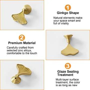 MOROBOR Ginkgo Leaf Shape Knob Handles, 6pcs Golden Drop Pendant Pull Handle,Hardware Drawer Single Hole Handle for Wardrobe Cupboard Closets Cupboard
