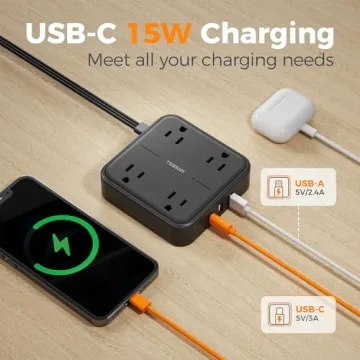 TESSAN Surge Protector Flat Extension Cord with USB Ports