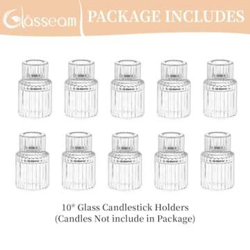Glasseam Small Candle Stick Holder: Crystal Clear Glass Candle Holder Set of 10, Modern Taper Candle Holders for Table Centerpiece, Ribbed Tapered Candlestick Holders for Dining Room Decoration