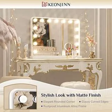 Keonjinn Large Vanity Mirror with Lights, 15 Replaceable Bulbs Hollywood Makeup Mirror with 2 Replacement Bulbs, 3-Color Lights, Aluminum Metal Frame, USB Charging Port, 23" x 18" White Lighted Mirror