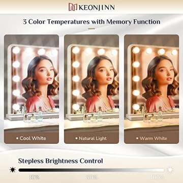 Keonjinn Large Vanity Mirror with Lights, 15 Replaceable Bulbs Hollywood Makeup Mirror with 2 Replacement Bulbs, 3-Color Lights, Aluminum Metal Frame, USB Charging Port, 23" x 18" White Lighted Mirror