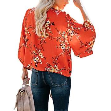 Bbalizko Womens 3/4 Sleeve Chiffon Blouses Floral Printed Deep V Neck Tie Front Tops (X-Large, Red)