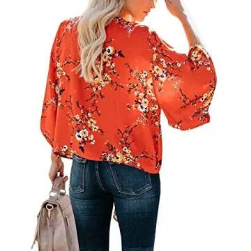Bbalizko Womens 3/4 Sleeve Chiffon Blouses Floral Printed Deep V Neck Tie Front Tops (X-Large, Red)