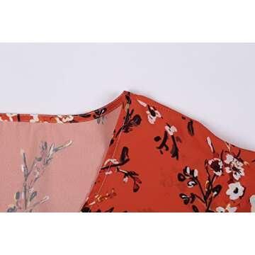 Bbalizko Womens 3/4 Sleeve Chiffon Blouses Floral Printed Deep V Neck Tie Front Tops (X-Large, Red)