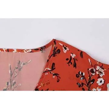 Bbalizko Womens 3/4 Sleeve Chiffon Blouses Floral Printed Deep V Neck Tie Front Tops (X-Large, Red)