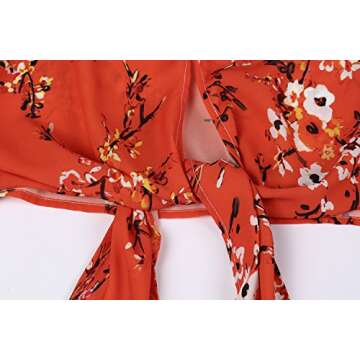 Bbalizko Womens 3/4 Sleeve Chiffon Blouses Floral Printed Deep V Neck Tie Front Tops (X-Large, Red)