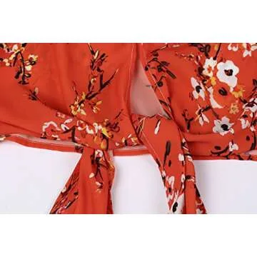 Bbalizko Womens 3/4 Sleeve Chiffon Blouses Floral Printed Deep V Neck Tie Front Tops (X-Large, Red)