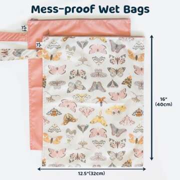 Tiny Twinkle Mess-proof Wet Bags 2 Pack Waterproof and Washable Bag for Travel storage, Stroller, Daycare, Baby Diapers, Yoga, Beach, Pool, Wet Toddler Swimsuits (Flutter)
