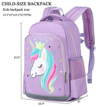 Octsky Unicorn Backpack for Girls, Kids Preschool Backpacks Cute Lightweight With Chest Strap and Lunchbox (Unicorn-Purple)