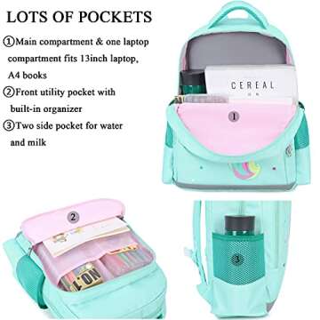 Octsky Unicorn Backpack for Girls, Kids Preschool Backpacks Cute Lightweight With Chest Strap and Lunchbox (Unicorn-Purple)