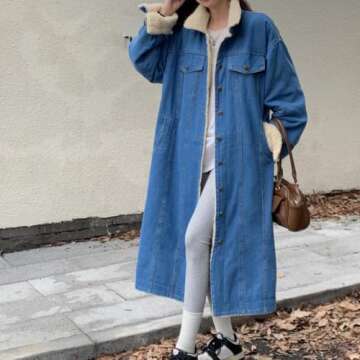 chouyatou Women's Warm Winter Windproof Sherpa Fleece Lined Long Denim Coat Trucker Jean Jacket Overcoat (Medium,Blue)