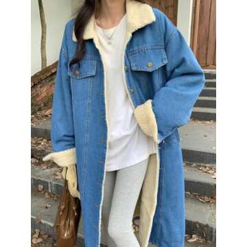 chouyatou Women's Warm Winter Windproof Sherpa Fleece Lined Long Denim Coat Trucker Jean Jacket Overcoat (Medium,Blue)