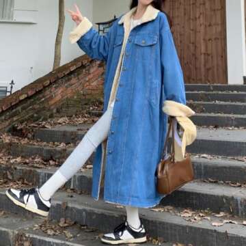 chouyatou Women's Warm Winter Windproof Sherpa Fleece Lined Long Denim Coat Trucker Jean Jacket Overcoat (Medium,Blue)
