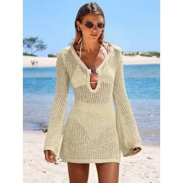 ANRABESS Women Beach Crochet Cover Ups Summer Knit Swimwear Mesh Bathing Suit Hollow Out Dress 2025 Vacation Swimsuit Beige