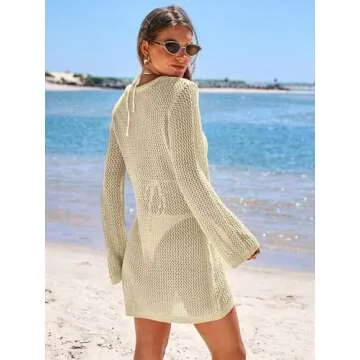 ANRABESS Women Beach Crochet Cover Ups Summer Knit Swimwear Mesh Bathing Suit Hollow Out Dress 2025 Vacation Swimsuit Beige