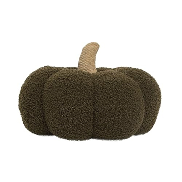 Pearhead Sherpa Pillow, Thanksgiving and Halloween, Modern Fall Home, Soft Fabric and Burlap Stem Plush Pumpkin Decor, 9", Olive Green