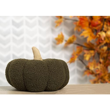 Pearhead Sherpa Pillow, Thanksgiving and Halloween, Modern Fall Home, Soft Fabric and Burlap Stem Plush Pumpkin Decor, 9", Olive Green