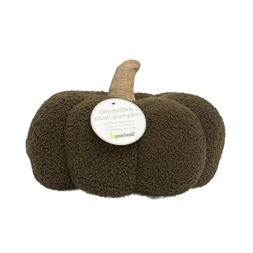 Pearhead Sherpa Pillow, Thanksgiving and Halloween, Modern Fall Home, Soft Fabric and Burlap Stem Plush Pumpkin Decor, 9", Olive Green