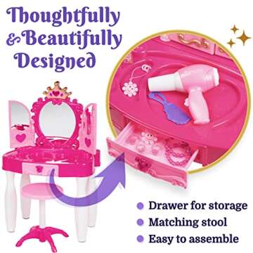 PREXTEX Kids Makeup Table with Mirror and Chair, Princess Play Set, Kids Makeup Vanity Table with Makeup Accessories and Light and Musical Sound Effects for Toddler Girls (Plastic)