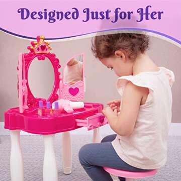 PREXTEX Kids Makeup Table with Mirror and Chair, Princess Play Set, Kids Makeup Vanity Table with Makeup Accessories and Light and Musical Sound Effects for Toddler Girls (Plastic)