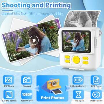 Instant Print Camera for Kids with 3 Rolls of Printer Paper, 1080P Toddler Digital Camera Toys for A...