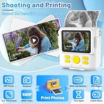 Instant Print Camera for Kids with 3 Rolls of Printer Paper, 1080P Toddler Digital Camera Toys for A...
