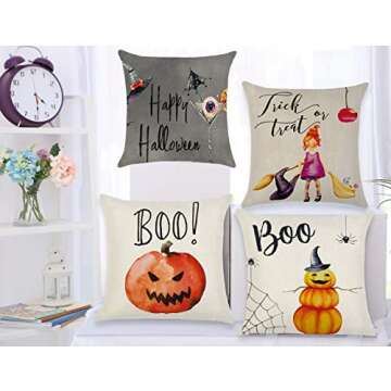 Dreampark Halloween Pillow Covers 18x18, Halloween Decoration Square Cotton Linen Burlap Decorative Throw Pillowslip Cushion Covers with Pumpkin Little Witch Decor Set of 4