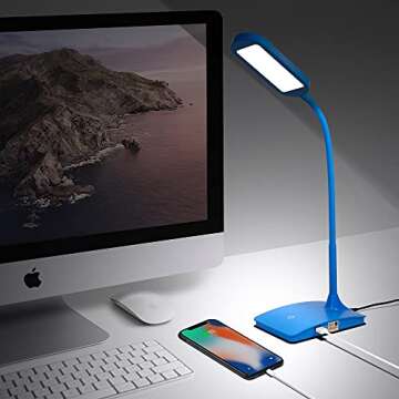 Blue Desk Lamps for Home Office - Super Bright Small Desk Lamp with USB Charging Port, a Perfect LED Desk Light as Study Lamp, Bedside Reading Lights