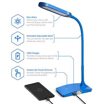 Blue Desk Lamps for Home Office - Super Bright Small Desk Lamp with USB Charging Port, a Perfect LED Desk Light as Study Lamp, Bedside Reading Lights