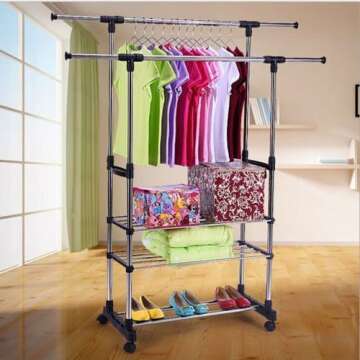 3 Tier Double Rail Clothes Garment Rack, Clothing Rolling Rack on Wheels and Bottom Shelves, Stainless Steel Clothing Garment Shoe Rack Organizer, Silver/Black
