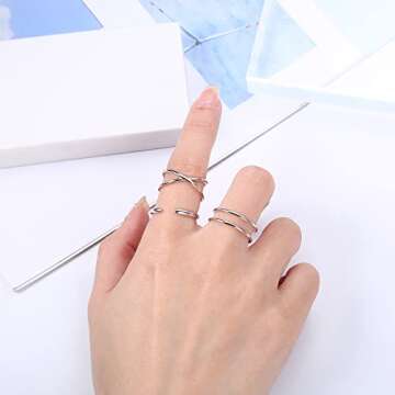PATISORNA 3Pcs 925 Sterling Silver Open Adjustable Rings for Women Men Minimalist X Cross Arrow Heart Moon&Star Paperclip Rings Stackable Thumb Knuckle Simple Rings Set Size 6-9