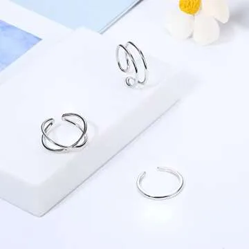 PATISORNA 3Pcs 925 Sterling Silver Open Adjustable Rings for Women Men Minimalist X Cross Arrow Heart Moon&Star Paperclip Rings Stackable Thumb Knuckle Simple Rings Set Size 6-9