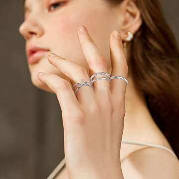 PATISORNA 3Pcs 925 Sterling Silver Open Adjustable Rings for Women Men Minimalist X Cross Arrow Heart Moon&Star Paperclip Rings Stackable Thumb Knuckle Simple Rings Set Size 6-9
